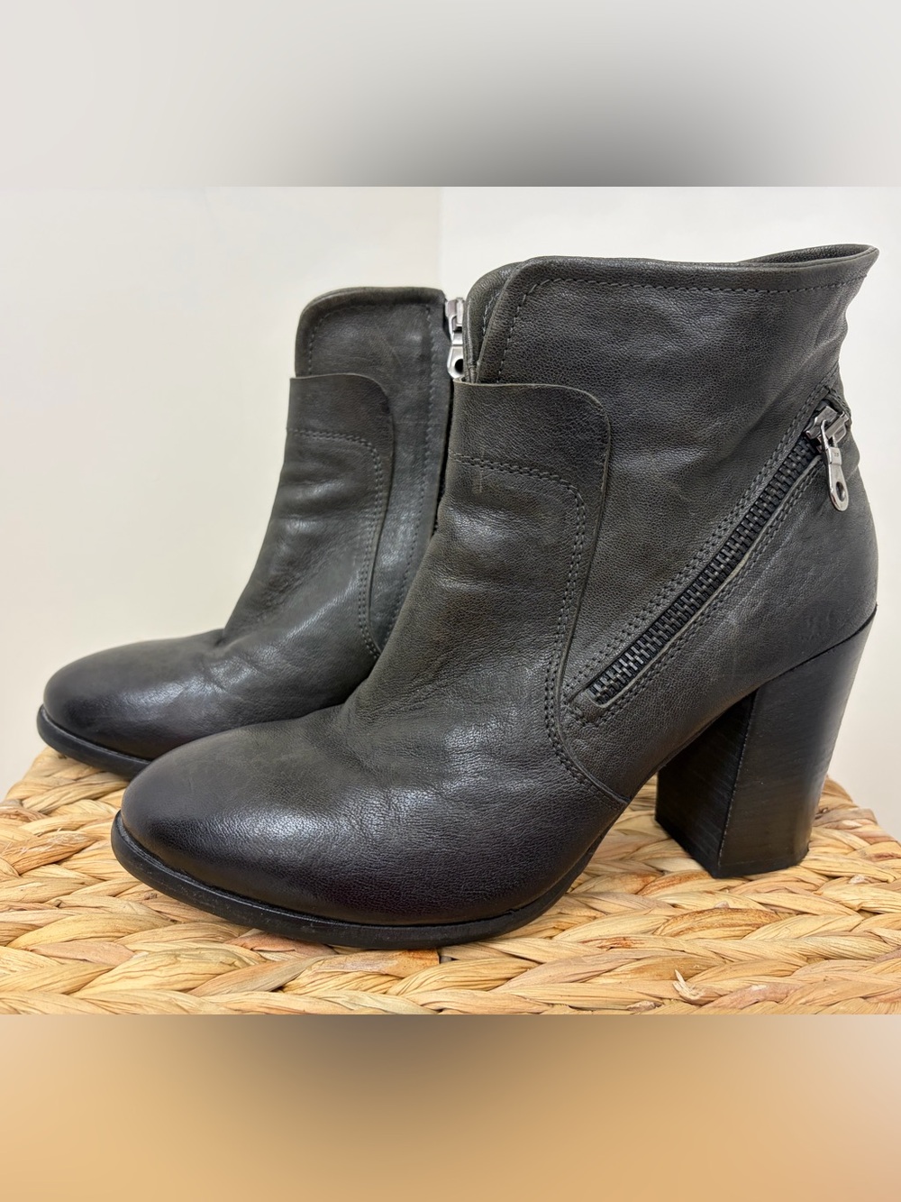 KBR Black Leather Side-Zip Chunky Heel Ankle Boots